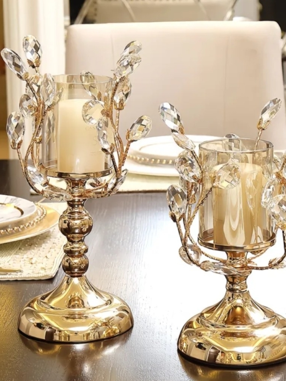 Elegant Gold Crystal Leaf Hurricane Candle Holders - Set of 2